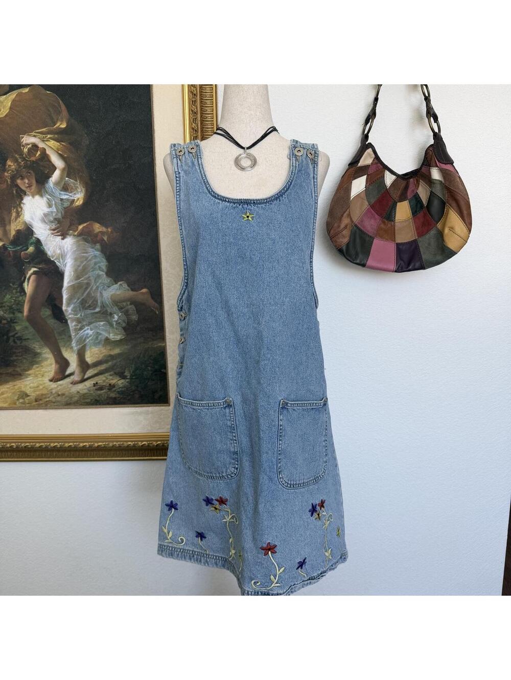 Vintage Autumn Denim Floral Embroidered Overall Dress